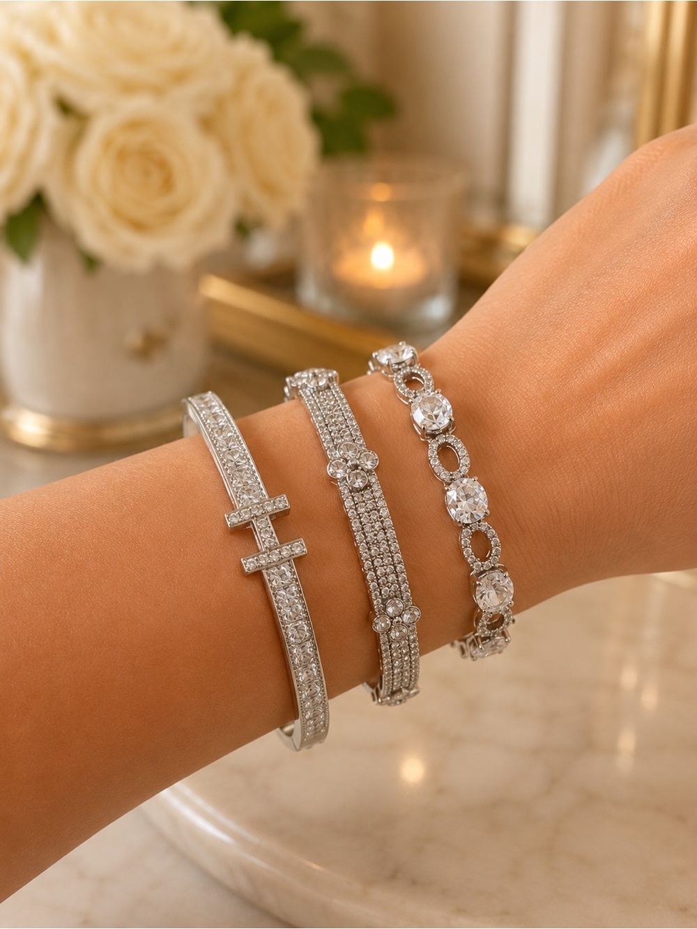 Silver Crystal Pavé Bangle Bracelet set of 3 - Women Jewelry